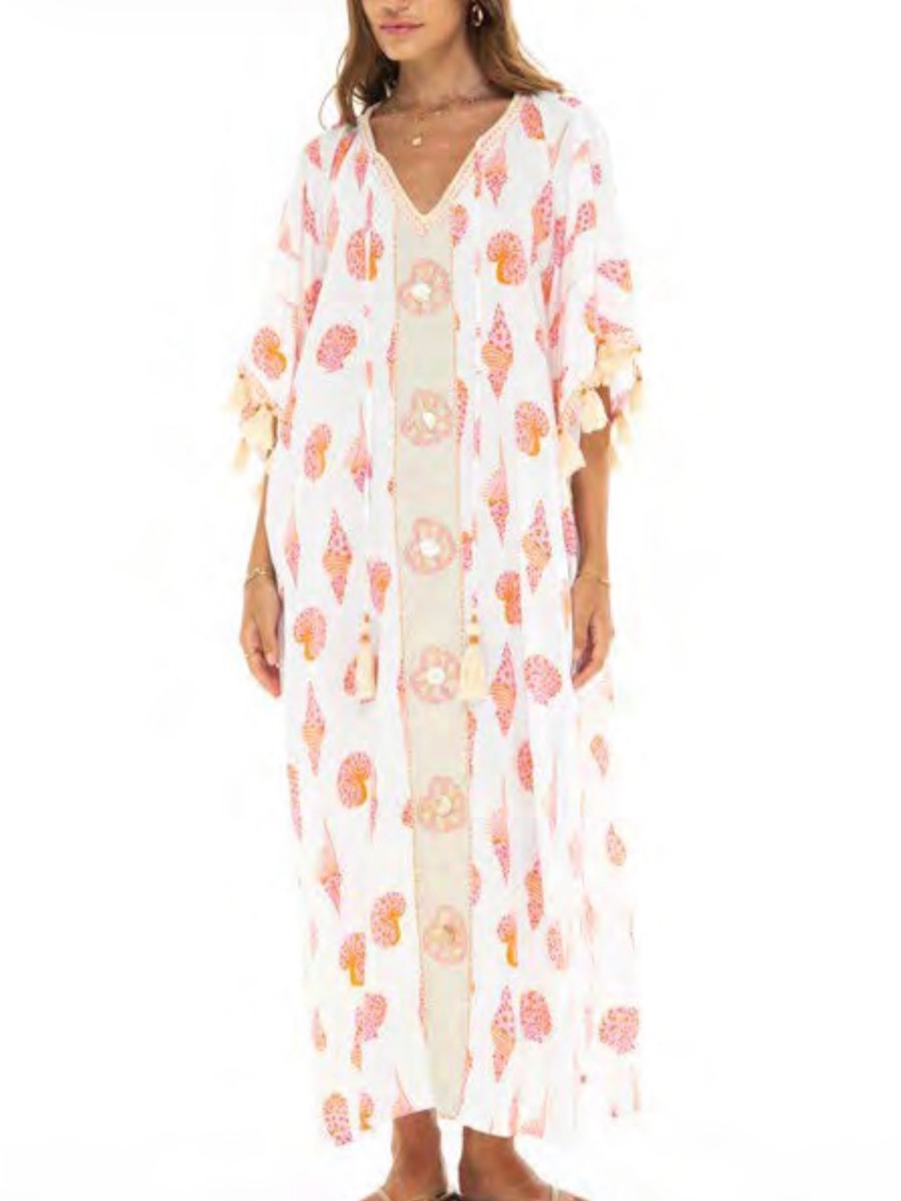 Women's White & Peach Printed Kaftan Robe